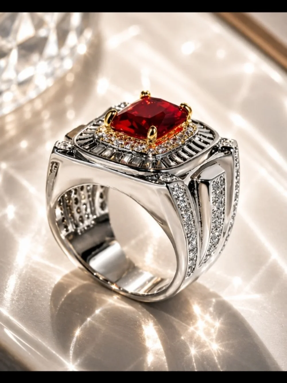 Mens Ring Size 8 Silver Tone With Red Emerald Cut & Cz Crystals
